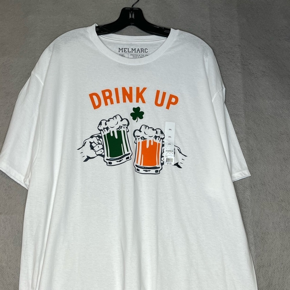 🆕 Men’s 2XL Drink Up 🍺 Irish Short Sleeve Tee White/Green/Red Fast Shipping